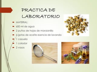 PRACTICA DE
LABORATORIO
 MATERIAL:
 600 ml de agua
 2 puños de hojas de manzanilla
 6 gotas de aceite esencia de lavanda
 1 cazuela
 1 colador
 2 vasos
 
