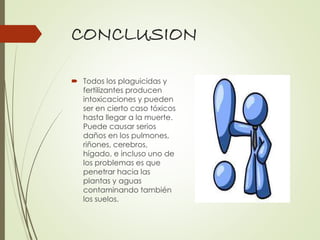 CONCLUSION
 Todos los plaguicidas y
fertilizantes producen
intoxicaciones y pueden
ser en cierto caso tóxicos
hasta llegar a la muerte.
Puede causar serios
daños en los pulmones,
riñones, cerebros,
hígado, e incluso uno de
los problemas es que
penetrar hacia las
plantas y aguas
contaminando también
los suelos.
 