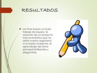 RESULTADOS
 Los fines fueron un buen
trabajo de equipo, la
creación de un producto
mas económico que no
dañe nuestro organismo
ni el medio ambiente, el
aprendizaje del tema
principal fertilizantes y
plaguicidas.
 