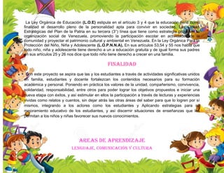 La Ley Orgánica de Educación (L.O.E) estipula en el artículo 3 y 4 que la educación tiene como
finalidad el desarrollo pleno de la personalidad apta para convivir en sociedad. Las Líneas
Estratégicas del Plan de la Patria en su tercera (3°) línea que tiene como estrategia promover la
organización social de Venezuela, promoviendo la participación escolar en actividades de la
comunidad y proyectar el patrimonio cultural y ambiental en Venezuela. En la Ley Orgánica Para la
Protección del Niño, Niña y Adolescente (L.O.P.N.N.A), En sus artículos 53,54 y 55 nos habla que
todo niño, niña y adolescente tiene derecho a un a educación gratuita y de igual forma sus padres
en sus artículos 25 y 26 nos dice que todo niño tiene derecho a crecer en una familia.
FINALIDAD
Con este proyecto se aspira que las y los estudiantes a través de actividades significativas unidos
en familia, estudiantes y docente fortalezcan los contenidos necesarios para su formación
académica y personal. Poniendo en práctica los valores de la unidad, compañerismo, convivencia,
solidaridad, responsabilidad, entre otros para poder lograr los objetivos propuestos e iniciar una
nueva etapa con éxitos, y así estimular en ellos la participación a través de lecturas y experiencias
vividas como relatos y cuentos, sin dejar atrás las otras áreas del saber para que lo logren por sí
mismos, integrando a los actores como los estudiantes y Aplicando estrategias para su
mejoramiento educativo de los estudiantes, y así discernir situaciones de enseñanzas que les
permitan a los niños y niñas favorecer sus nuevos conocimientos.
AREAS DE APRENDIZAJE
Lenguaje, comunicación y cultura
 