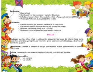 Contenidos:
 Historia local.
 Identificación de los municipios y capitales del estado.
 Estudio de los derechos y deberes de los niños, niñas y adolescentes (LOPNNA).
 Personajes históricos, catalogados como héroes.
Indicadores:
 Elabora el díptico con la reseña histórica de su comunidad.
 Ejecuta con agilidad el rompecabezas con el mapa del estado.
 Analiza e interpreta artículos de la LOPNNA.
 Realiza escritura de biografías de personajes históricos.
INGLES
Finalidad: que los niños, niñas y adolescentes adquieran las bases del idioma, tales como
vocabulario, gramática y ortografía, así mismo los ayuda a conocer sus habilidades y a divertirse en
actividades grupales.
Componente: Aprender a trabajar en equipo construyendo nuevos conocimientos de manera
colaborativa.
Énfasis: culturas e idiomas para una ciudadanía mundial, multicéntrica y pluripolar.
Temas indispensables:
 Los números
 Los saludos
Contenidos:
 