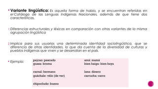  Variante lingüística: Es aquella forma de habla, y se encuentran referidas en
el Catálogo de las Lenguas Indígenas Nacionales, además de que tiene dos
características.
1.Diferencias estructurales y léxicas en comparación con otras variantes de la misma

agrupación lingüística

2.Implica para sus usuarios una determinada identidad sociolingüística, que se

diferencia de otras identidades, lo que da cuenta de la diversidad de culturas y
pueblos indígenas que viven y se desarrollan en el país.

 Ejemplo:

pejcao: pescado 
guasa: broma

    amá: mamá
    bien haiga: bien haya

carnal: hermano
guáchale: vélo (de ver)

    lana: dinero
    carrucha: carro

chipocludo: bueno

 