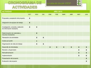 ACTIVIDAD AÑO 2015
OCT NOV DIC ENE FEB MAR ABR MAY JUN
Propuesta y aceptación del proyecto. X
Integración de equipos de trabajo X
Investigación, consulta y selección
de información necesaria.
X X
Determinación de materiales y
recursos necesarios
X
Planeación de actividades X X
Costos por jardin x
Organización de roles de trabajo X X
Desarrollo de Actividades X X X X X X
Revisión y Supervisión X X
Retroalimentación X X
Implementación X X
Presentación del proyecto X
Evaluación del proyecto X
 