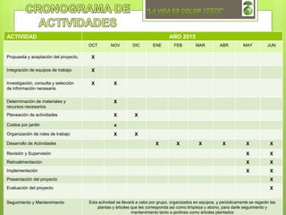 ACTIVIDAD AÑO 2015
OCT NOV DIC ENE FEB MAR ABR MAY JUN
Propuesta y aceptación del proyecto. X
Integración de equipos de trabajo X
Investigación, consulta y selección
de información necesaria.
X X
Determinación de materiales y
recursos necesarios
X
Planeación de actividades X X
Costos por jardin x
Organización de roles de trabajo X X
Desarrollo de Actividades X X X X X X
Revisión y Supervisión X X
Retroalimentación X X
Implementación X X
Presentación del proyecto X
Evaluación del proyecto X
Seguimiento y Mantenimiento Esta actividad se llevará a cabo por grupo, organizados en equipos, y periódicamente se regarán las
plantas y árboles que les corresponda así como limpieza y abono, para darle seguimiento y
mantenimiento tanto a jardines como árboles plantados
 