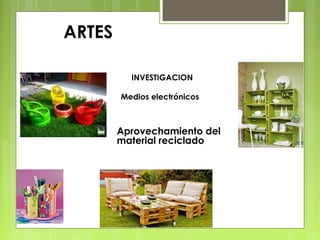 ARTES
Aprovechamiento del
material reciclado
INVESTIGACION
Medios electrónicos
 