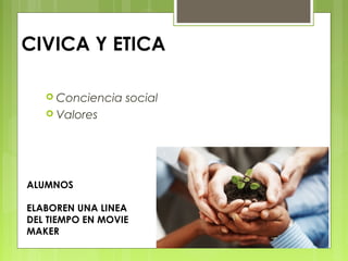 CIVICA Y ETICA
 Conciencia social
 Valores
ALUMNOS
ELABOREN UNA LINEA
DEL TIEMPO EN MOVIE
MAKER
 