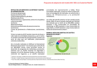 DETALLE DE LOS SERVICIOS A LA ENTIDAD Y GASTOS actividades de representación y lobby. Otras
DE ADMINISTRACIÓN actividades habituales, aunque en menor proporción,
Formacióndelpersonal. eran la investigación de mercados, la construcción y
Equiposdeoficina.(TIC) mejora de infraestructuras y la promoción
Conectividadtelefónicaydedatos. inmobiliaria.
Mobiliariodeoficina
Mantenimientos y reparaciones, tanto en la vía pública Las cifras del párrafo anterior no han variado mucho
comoenlassedes. desde 1999, en que el estudio realizado por Mitchell
Jardinería nos indicaba que un 94% de los BIAs/BIDs estaban
Materialdeoficina. bastante o muy involucrados en actividades de
Honorariosprofesionalesdeasesoresexternos. marketing; un 68% bastante o muy involucrados en
Suministros. seguridad; y un 85% bastante o muy involucrados en
27
Cuotas de pertenencia a federaciones, asociaciones, tareasdemantenimientourbano .
etc.
EJEMPLO: DESGLOSE HABITUAL DE GASTOS E
28
Si bien no todas las ACAT tendrán intención de llevar a INGRESOS DE UN BID :
cabo todas las actividades propuestas, y, por lo tanto, Ingresos:
no tendrán necesidad de presupuestarlas, existen una
serie de ellas que son habituales, prácticamente
comunesatodosellos.
Así, el estudio realizado en 2008 por la International
26
Downtown Association nos muestra que un 87,5% de
los BIAs/BIDs tenían como principal misión el
desarrollo de programas de marketing y promoción;
mientras que un 76,6% invertían en seguridad y
limpieza; un 42,2% destinan fondos a la atracción y
retención de negocios; y un 40,6% realizaban
27
Feehan D, and Smith, J.(2008) International Downtown Association Report.
28
Mitchell, J. (1999) "Business Improvement Districts and Innovative Service Delivery".
26
Fiscal Year 2009. Annual Report. Summary Business Improvement Districts. Small Business Service New York City.
Propuesta de adaptación del modelo BIA / BID a la Ciudad de Madrid
V Executive Master en Gestión Pública.
Díaz de Villegas Soláns, C.; de Miguel Colom, M.; Cerdán Carbonero C.J. 105
 