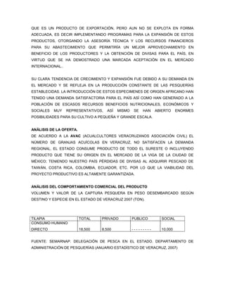 QUE ES UN PRODUCTO DE EXPORTACIÓN, PERO AUN NO SE EXPLOTA EN FORMA
ADECUADA, ES DECIR IMPLEMENTANDO PROGRAMAS PARA LA EXPANSIÓN DE ESTOS
PRODUCTOS, OTORGANDO LA ASESORÍA TÉCNICA Y LOS RECURSOS FINANCIEROS
PARA SU ABASTECIMIENTO QUE PERMITIRÍA UN MEJOR APROVECHAMIENTO EN
BENEFICIO DE LOS PRODUCTORES Y LA OBTENCIÓN DE DIVISAS PARA EL PAÍS, EN
VIRTUD QUE SE HA DEMOSTRADO UNA MARCADA ACEPTACIÓN EN EL MERCADO
INTERNACIONAL..


SU CLARA TENDENCIA DE CRECIMIENTO Y EXPANSIÓN FUE DEBIDO A SU DEMANDA EN
EL MERCADO Y SE REFLEJA EN LA PRODUCCIÓN CONSTANTE DE LAS PESQUERÍAS
ESTABLECIDAS. LA INTRODUCCIÓN DE ESTOS ESPECIMENES DE ORIGEN AFRICANO HAN
TENIDO UNA DEMANDA SATISFACTORIA PARA EL PAÍS ASÍ COMO HAN GENERADO A LA
POBLACIÓN DE ESCASOS RECURSOS BENEFICIOS NUTRICIONALES, ECONÓMICOS Y
SOCIALES   MUY    REPRESENTATIVOS,   ASÍ   MISMO   SE   HAN    ABIERTO    ENORMES
POSIBILIDADES PARA SU CULTIVO A PEQUEÑA Y GRANDE ESCALA.


ANÁLISIS DE LA OFERTA.
DE ACUERDO A LA AVAC (ACUALCULTORES VERACRUZANOS ASOCIACIÓN CIVIL) EL
NÚMERO DE GRANJAS ACUÍCOLAS EN VERACRUZ, NO SATISFACEN LA DEMANDA
REGIONAL, EL ESTADO CONSUME PRODUCTO DE TODO EL SURESTE O INCLUYENDO
PRODUCTO QUE TIENE SU ORIGEN EN EL MERCADO DE LA VIGA DE LA CIUDAD DE
MÉXICO; TENIENDO NUESTRO PAÍS PÉRDIDAS DE DIVISAS AL ADQUIRIR PESCADO DE
TAIWÁN, COSTA RICA, COLOMBIA, ECUADOR, ETC. POR LO QUE LA VIABILIDAD DEL
PROYECTO PRODUCTIVO ES ALTAMENTE GARANTIZADA.


ANÁLISIS DEL COMPORTAMIENTO COMERCIAL DEL PRODUCTO
VOLUMEN Y VALOR DE LA CAPTURA PESQUERA EN PESO DESEMBARCADO SEGÚN
DESTINO Y ESPECIE EN EL ESTADO DE VERACRUZ 2007 (TON).




TILAPIA                  TOTAL    PRIVADO          PUBLICO       SOCIAL
CONSUMO HUMANO
DIRECTO                  18,500   8,500            ---------     10,000


FUENTE: SEMARNAP. DELEGACIÓN DE PESCA EN EL ESTADO. DEPARTAMENTO DE
ADMINISTRACIÓN DE PESQUERÍAS (ANUARIO ESTADÍSTICO DE VERACRUZ, 2007)
 