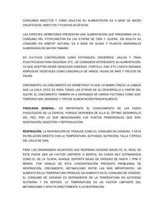 CONSUMEN INSECTOS Y COMO ADULTAS SU ALIMENTACIÓN ES A BASE DE MICRO
CRUSTÁCEOS, INSECTOS Y PLANTAS ACUÁTICAS.


LAS ESPECIES HERBÍVORAS PRESENTAN UNA ALIMENTACIÓN QUE PREDOMINA EN EL
CONSUMO DEL FITOPLANCTON EN LAS ETAPAS DE CRÍA Y JUVENIL. EN ADULTA SU
CONSUMO EN HÁBITAT NATURAL ES A BASE DE ALGAS Y PLANTAS MARGINALES
SUMERGIDAS DE MAYOR TAMAÑO.


EN CULTIVOS CONTROLADOS COMO ESTANQUES, ENCIERROS, JAULAS Y TINAS
PLASTIFICADAS PARA ENGORDA, ETC., SE CONSIDERA INTERESANTE SU ALIMENTACIÓN,
YA QUE ACEPTAN DESDE DESECHOS CASEROS, (TORTILLA, PAN, ETC.) HASTA INSUMOS
AGRÍCOLAS VEGETALES COMO CASCARILLA DE ARROZ, HOJAS DE MAÍZ Y FRUTOS DE
PALMA.


CRECIMIENTO.-SU CRECIMIENTO ES ISOMÉTRICO YA QUE LO MISMO CRECE LA CABEZA
QUE LA COLA. ESTO ES PARA TODAS LAS ETAPAS DE SU DESARROLLO A PARTIR DEL
ALEVÍN. EL CRECIMIENTO TAMBIÉN VA A DEPENDER DE VARIOS FACTORES COMO SON:
TEMPERATURA, DENSIDAD Y TIPO DE ALIMENTACIÓN PRINCIPALMENTE.


FISIOLOGÍA   GENERAL.-   ES   IMPORTANTE   EL   CONOCIMIENTO    DE   LAS   FASES
FISIOLÓGICAS DE LA ESPECIE, PORQUE DEPENDEN DE ELLA EL ÓPTIMO DESARROLLO
DEL PEZ, POR LO QUE MENCIONARÁN LOS PUNTOS PRIMORDIALES QUE SON:
RESPIRACIÓN, DIGESTIÓN Y REPRODUCCIÓN.


RESPIRACIÓN: LA RESPIRACIÓN SE TRADUCE COMO EL CONSUMO DE OXÍGENO, Y ESTÁ
EN RELACIÓN DIRECTA CON LA TEMPERATURA, ACTIVIDAD, NUTRICIÓN, TALLA Y ÉPOCA
DEL CICLO DE VIDA.


PARA LOS ORGANISMOS ACUÁTICOS QUE RESPIRAN OXÍGENO DISUELTO, EL NIVEL DE
ÉSTE PUEDE SER UN FACTOR LIMITANTE O MORTAL EN CASOS MUY EXTREMOSOS
COMO EL DE LA TILAPIA, AUNQUE SOPORTA BAJAS DE OXÍGENO DE HASTA 1 PPM O
MENOS.   POR   DEBAJO    DE   ESTA   CONCENTRACIÓN   PRESENTA   PROBLEMAS    DE
RESPIRACIÓN, CRECIMIENTO, METABOLISMO ENTRE LAS MÁS IMPORTANTES. UN
AUMENTO EN LA TEMPERATURA PRODUCE UN AUMENTO EN EL CONSUMO DE OXÍGENO.
EL CONSUMO DE OXÍGENO ES DEPENDIENTE DE LA TEMPERATURA EN ACTIVIDAD
RUTINARIA Y EN REPOSO, LA TEMPERATURA ES UN FACTOR LIMITANTE DEL
METABOLISMO Y AFECTA DIRECTAMENTE A LA RESPIRACIÓN.
 