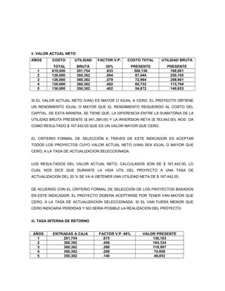 ii. VALOR ACTUAL NETO
AÑOS      COSTO      UTILIDAD     FACTOR V.P.   COSTO TOTAL     UTILIDAD BRUTA
           TOTAL        BRUTA        20%            PRESENTE       PRESENTE
   1      610,000       201,754      .833            508,130        168,061
   2      126,000       360,382      .694             87,444        250,105
   3      126,000       360,382      .579             72,964        208,661
   4      126,000       360,382      .482             60,732        173,704
   5      136,000       350,382      .402             54,672        140,853


SI EL VALOR ACTUAL NETO (VAN) ES MAYOR O IGUAL A CERO, EL PROYECTO OBTIENE
UN RENDIMIENTO IGUAL O MAYOR QUE EL RENDIMIENTO REQUERIDO AL COSTO DEL
CAPITAL. DE ESTA MANERA, SE TIENE QUE, LA DIFERENCIA ENTRE LA SUMATORIA DE LA
UTILIDAD BRUTA PRESENTE ($ 941,384.00) Y LA INVERSION NETA ($ 783,942.00), NOS DA
COMO RESULTADO $ 167,442.00 QUE ES UN VALOR MAYOR QUE CERO.


EL CRITERIO FORMAL DE SELECCIÓN A TRAVES DE ESTE INDICADOR ES ACEPTAR
TODOS LOS PROYECTOS CUYO VALOR ACTUAL NETO (VAN) SEA IGUAL O MAYOR QUE
CERO, A LA TASA DE ACTUALIZACION SELECCIONADA.


LOS RESULTADOS DEL VALOR ACTUAL NETO, CALCULADOS SON DE $ 167,442.00, LO
CUAL NOS DICE QUE DURANTE LA VIDA UTIL DEL PROYECTO A UNA TASA DE
ACTUALIZACION DEL 20 % SE VA A OBTENER UNA UTILIDAD NETA DE $ 167,442.00.


DE ACUERDO CON EL CRITERIO FORMAL DE SELECCIÓN DE LOS PROYECTOS BASADOS
EN ESTE INDICADOR, EL PROYECTO DEBERA ACEPTARSE POR TENER VAN MAYOR QUE
CERO, A LA TASA DE ACTUALIZACION SELECCIONADA. SI EL VAN FUERA MENOR QUE
CERO INDICARIA PERDIDAS Y NO SERIA POSIBLE LA REALIZACION DEL PROYECTO.


iii. TASA INTERNA DE RETORNO


AÑOS      ENTRADAS A CAJA         FACTOR V.P. 48%       VALOR PRESENTE
  1           201,754               .675                    136,183
  2           360,382               .456                    164,334
  3           360,382               .308                    110,997
  4           360,382               .208                     74,959
  5           350,382               .140                     49,053
 