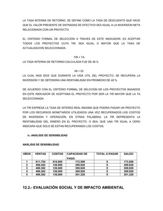 LA TASA INTERNA DE RETORNO, SE DEFINE COMO LA TASA DE DESCUENTO QUE HACE
QUE EL VALOR PRESENTE DE ENTRADAS DE EFECTIVO SEA IGUAL A LA INVERSION NETA
RELACIONADA CON UN PROYECTO.


EL CRITERIO FORMAL DE SELECCIÓN A TRAVES DE ESTE INDICADOR, ES ACEPTAR
TODOS LOS PROYECTOS CUYA TIR, SEA IGUAL O MAYOR QUE LA TASA DE
ACTUALIZACION SELECCIONADA.


                                  TIR > TA
LA TASA INTERNA DE RETORNO CALCULADA FUE DE 48 %


                                  48 > 20
LA CUAL NOS DICE QUE DURANTE LA VIDA UTIL DEL PROYECTO, SE RECUPERA LA
INVERSION Y SE OBTENDRA UNA RENTABILIDAD EN PROMEDIO DE 48 %.


DE ACUERDO CON EL CRITERIO FORMAL DE SELCCION DE LOS PROYECTOS BASADOS
EN ESTE INDICADOR SE ACEPTARA EL PROYECTO POR SER LA TIR MAYOR QUE LA TA
SELECCIONADA.


LA TIR EXPRESA LA TASA DE INTERES REAL MAXIMA QUE PODRIA PAGAR UN PROYECTO
POR LOS RECURSOS MONETARIOS UTILIZADOS UNA VEZ RECUPERADOS LOS COSTOS
DE INVERSION Y OPERACIÓN. EN OTRAS PALABRAS, LA TIR REPRESENTA LA
RENTABILIDAD DEL DINERO EN EL PROYECTO, O SEA, QUE UNA TIR IGUAL A CERO
INDICARA QUE SOLO SE ESTAN RECUPERANDO LOS COSTOS.


   iv. ANÁLISIS DE SENSIBILIDAD


ANÁLISIS DE SENSIBILIDAD


AÑOS    VENTAS      COSTOS    CAPACIDAD DE     TOTAL A PAGAR    SALDO
                              PAGO
  1     811,754     610,000          173,508         0          173,508
  2     486,382     126,000          309,928         0          309,928
  3     486,382     126,000          309,928         0          309,928
  4     486,382     126,000          309,928         0          309,928
  5     486,382     136,000          301,328         0          301,328




12.2.- EVALUACIÓN SOCIAL Y DE IMPACTO AMBIENTAL
 