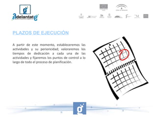 PLAZOS DE EJECUCIÓN A partir de este momento, estableceremos las actividades y su perioricidad; valoraremos los tiempos de dedicación a cada una de las actividades y fijaremos los puntos de control a lo largo de todo el proceso de planificación. 