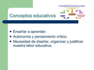 Conceptos educativos Enseñar a aprender. Autonomía y pensamiento crítico. Necesidad de diseñar, organizar y justificar nuestra labor educativa. 