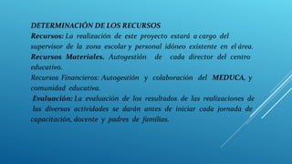 DETERMINACIÓN DE LOS RECURSOS
Recursos: La realización de este proyecto estará a cargo del
supervisor de la zona escolar y personal idóneo existente en el área.
Recursos Materiales. Autogestión de cada director del centro
educativo.
Recursos Financieros: Autogestión y colaboración del MEDUCA, y
comunidad educativa.
Evaluación: La evaluación de los resultados de las realizaciones de
las diversas actividades se darán antes de iniciar cada jornada de
capacitación, docente y padres de familias.
 
 