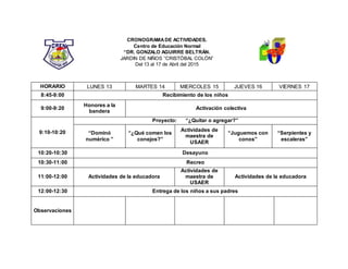 CRONOGRAMADE ACTIVIDADES.
Centro de Educación Normal
“DR. GONZALO AGUIRRE BELTRÁN.
JARDIN DE NIÑOS “CRISTÓBAL COLÓN”
Del 13 al 17 de Abril del 2015
HORARIO LUNES 13 MARTES 14 MIERCOLES 15 JUEVES 16 VIERNES 17
8:45-9:00 Recibimiento de los niños
9:00-9:20
Honores a la
bandera
Activación colectiva
9:10-10:20
Proyecto: “¿Quitar o agregar?”
“Dominó
numérico ”
“¿Qué comen los
conejos?”
Actividades de
maestra de
USAER
“Juguemos con
conos”
“Serpientes y
escaleras”
10:20-10:30 Desayuno
10:30-11:00 Recreo
11:00-12:00 Actividades de la educadora
Actividades de
maestra de
USAER
Actividades de la educadora
12:00-12:30 Entrega de los niños a sus padres
Observaciones
 