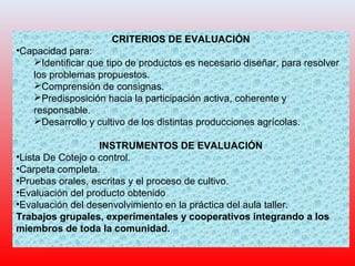 CRITERIOS DE EVALUACIÓN
•Capacidad para:
Identificar que tipo de productos es necesario diseñar, para resolver
los problemas propuestos.
Comprensión de consignas.
Predisposición hacia la participación activa, coherente y
responsable.
Desarrollo y cultivo de los distintas producciones agrícolas.
INSTRUMENTOS DE EVALUACIÓN
•Lista De Cotejo o control.
•Carpeta completa.
•Pruebas orales, escritas y el proceso de cultivo.
•Evaluación del producto obtenido
•Evaluación del desenvolvimiento en la práctica del aula taller.
Trabajos grupales, experimentales y cooperativos integrando a los
miembros de toda la comunidad.
 