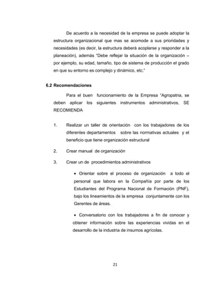 De acuerdo a la necesidad de la empresa se puede adoptar la
   estructura organizacional que mas se acomode a sus prioridades y
   necesidades (es decir, la estructura deberá acoplarse y responder a la
   planeación), además “Debe reflejar la situación de la organización –
   por ejemplo, su edad, tamaño, tipo de sistema de producción el grado
   en que su entorno es complejo y dinámico, etc.”


6.2 Recomendaciones

         Para el buen funcionamiento de la Empresa “Agropatria, se
   deben aplicar los siguientes instrumentos administrativos,         SE
   RECOMIENDA


   1.    Realizar un taller de orientación con los trabajadores de los
         diferentes departamentos      sobre las normativas actuales y el
         beneficio que tiene organización estructural

   2.    Crear manual de organización

   3.    Crear un de procedimientos administrativos

             • Orientar sobre el proceso de organización       a todo el
             personal que labora en la Compañía por parte de los
             Estudiantes del Programa Nacional de Formación (PNF),
             bajo los lineamientos de la empresa conjuntamente con los
             Gerentes de áreas.

             • Conversatorio con los trabajadores a fin de conocer y
            obtener información sobre las experiencias vividas en el
            desarrollo de la industria de insumos agrícolas.




                                  21
 