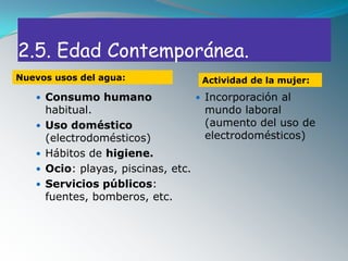 2.5. Edad Contemporánea.
Nuevos usos del agua:                  Actividad de la mujer:

    Consumo humano                    Incorporación al
       habitual.                       mundo laboral
      Uso doméstico                   (aumento del uso de
       (electrodomésticos)             electrodomésticos)
      Hábitos de higiene.
      Ocio: playas, piscinas, etc.
      Servicios públicos:
       fuentes, bomberos, etc.
 