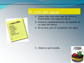 1. Pon en el interior del frasco una capa
El ciclo del agua
      de piedrecitas.
   2. Sobre ella, pon una capa de arena y,
      finalmente, una capa de tierra.
   3. Entierra cuidadosamente las plantas en
      un lado del frasco.
   4. En el otro, pon el recipiente con agua.




   5. Observa qué sucede.
 