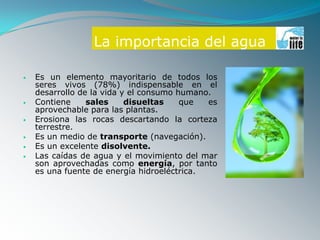 La importancia del agua

   Es un elemento mayoritario de todos los
    seres vivos (78%) indispensable en el
    desarrollo de la vida y el consumo humano.
   Contiene     sales     disueltas    que  es
    aprovechable para las plantas.
   Erosiona las rocas descartando la corteza
    terrestre.
   Es un medio de transporte (navegación).
   Es un excelente disolvente.
   Las caídas de agua y el movimiento del mar
    son aprovechadas como energía, por tanto
    es una fuente de energía hidroeléctrica.
 
