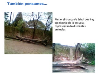 También pensamos...
Pintar el tronco de árbol que hay
en el patio de la escuela,
representando diferentes
animales.
 