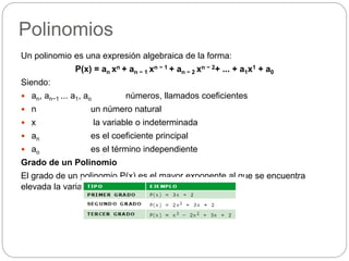 Polinomios
Un polinomio es una expresión algebraica de la forma:
P(x) = an xn + an − 1 xn − 1 + an − 2 xn − 2+ ... + a1x1 + a0
Siendo:
 an, an−1 ... a1, ao números, llamados coeficientes
 n un número natural
 x la variable o indeterminada
 an es el coeficiente principal
 ao es el término independiente
Grado de un Polinomio
El grado de un polinomio P(x) es el mayor exponente al que se encuentra
elevada la variable x.
 
