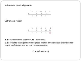 Volvemos a repetir el proceso.
Volvemos a repetir.
8. El último número obtenido, 56 , es el resto.
9. El cociente es un polinomio de grado inferior en una unidad al dividendo y
cuyos coeficientes son los que hemos obtenido.
x3 + 3 x2 + 6x +18
 