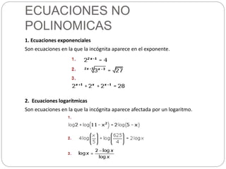 ECUACIONES NO
POLINOMICAS
1. Ecuaciones exponenciales
Son ecuaciones en la que la incógnita aparece en el exponente.
2. Ecuaciones logarítmicas
Son ecuaciones en la que la incógnita aparece afectada por un logaritmo.
 