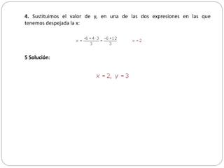 4. Sustituimos el valor de y, en una de las dos expresiones en las que
tenemos despejada la x:
5 Solución:
 