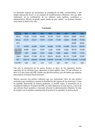 La discusión respecto de incrementar la recaudación no debe circunscribirse a una
simple adecuación fiscal o a un conjunto de modificaciones tributarias, sino que debe
sintetizarse en la combinación de un esfuerzo tanto jurídico, económico y
administrativo, México no puede seguir siendo un país “pobre”, en términos fiscales,
como hasta la fecha lo ha sido.


                                     Conclusión




Tan sólo la eliminación de los gastos fiscales, es decir, de los regímenes fiscales
especiales de las distintas leyes, aportarían al erario público unos 732 mil millones, es
decir 6.53 por ciento del PIB. Siendo una decisión política, por ahí habría que empezar
para mejorar el sistema fiscal mexicano.

México necesita una política tributaria que sea instrumento clave de una política
económica que contribuya a mejorar la distribución del ingreso de los mexicanos. Como
ha quedado demostrado en nuestra propuesta, es posible lograr el incremento de la
recaudación federal a 10 puntos del PIB, sin subir impuestos ni crear nuevos, a través de
una reforma fiscal equitativa y haciendo eficiente la administración tributaria. Se trata
de cumplir con el mandato constitucional de promover la equidad y la justicia fiscal.




!                                                                                    "&+!
 