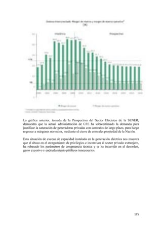 La gráfica anterior, tomada de la Prospectiva del Sector Eléctrico de la SENER,
demuestra que la actual administración de CFE ha sobreestimado la demanda para
justificar la saturación de generadoras privadas con contratos de largo plazo, para luego
regresar a márgenes normales, mediante el cierre de centrales propiedad de la Nación.

Esta situación de exceso de capacidad instalada en la generación eléctrica nos muestra
que el abuso en el otorgamiento de privilegios e incentivos al sector privado extranjero,
ha rebasado los parámetros de congruencia técnica y se ha incurrido en el desorden,
gasto excesivo y endeudamiento públicos innecesarios.




!                                                                                    "(&!
 