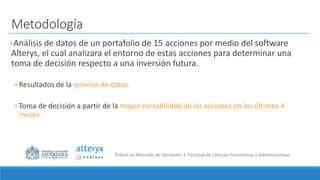 Énfasis en Mercado de Derivados I Facultad de Ciencias Económicas y Administrativas
Metodología
+Análisis de datos de un portafolio de 15 acciones por medio del software
Alterys, el cual analizara el entorno de estas acciones para determinar una
toma de decisión respecto a una inversión futura.
+Resultados de la minería de datos.
+Toma de decisión a partir de la mayor rentabilidad de las acciones en los últimos 4
meses.
 
