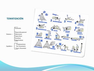 TEMATIZACIÓN 
*Evolución 
*Desarrollo postural 
Postura---- *Alterciones 
*Hipercifosis 
*Escoliosis 
*Hiperlordosis 
*Propiocectores 
Equlibrio--- *Ed. Psicomotriz 
*Carct. Psicomotiz 
 