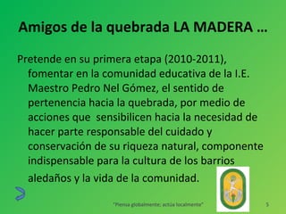 Amigos de la quebrada LA MADERA … Pretende en su primera etapa (2010-2011), fomentar en la comunidad educativa de la I.E. Maestro Pedro Nel Gómez, el sentido de pertenencia hacia la quebrada, por medio de acciones que  sensibilicen hacia la necesidad de hacer parte responsable del cuidado y conservación de su riqueza natural, componente indispensable para la cultura de los barrios  aledaños y la vida de la comunidad. "Piensa globalmente; actúa localmente" 