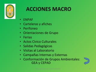 ACCIONES MACRO ENPAF Carteleras y afiches Perifoneo Orientaciones de Grupo Ferias Actos Cívico Culturales Salidas Pedagógicas Visitas al Laboratorio Campañas Internas y Externas Conformación de Grupos Ambientales:  GEA y CEPAD "Piensa globalmente; actúa localmente" 