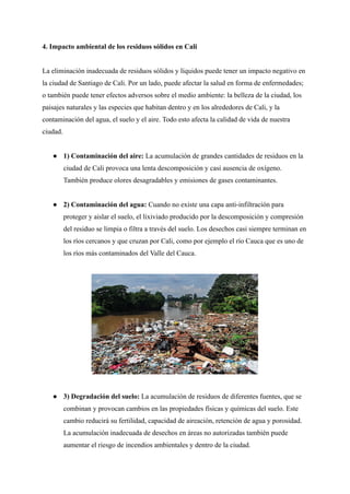 4. Impacto ambiental de los residuos sólidos en Cali
La eliminación inadecuada de residuos sólidos y líquidos puede tener un impacto negativo en
la ciudad de Santiago de Cali. Por un lado, puede afectar la salud en forma de enfermedades;
o también puede tener efectos adversos sobre el medio ambiente: la belleza de la ciudad, los
paisajes naturales y las especies que habitan dentro y en los alrededores de Cali, y la
contaminación del agua, el suelo y el aire. Todo esto afecta la calidad de vida de nuestra
ciudad.
● 1) Contaminación del aire: La acumulación de grandes cantidades de residuos en la
ciudad de Cali provoca una lenta descomposición y casi ausencia de oxígeno.
También produce olores desagradables y emisiones de gases contaminantes.
● 2) Contaminación del agua: Cuando no existe una capa anti-infiltración para
proteger y aislar el suelo, el lixiviado producido por la descomposición y compresión
del residuo se limpia o filtra a través del suelo. Los desechos casi siempre terminan en
los ríos cercanos y que cruzan por Cali, como por ejemplo el río Cauca que es uno de
los ríos más contaminados del Valle del Cauca.
● 3) Degradación del suelo: La acumulación de residuos de diferentes fuentes, que se
combinan y provocan cambios en las propiedades físicas y químicas del suelo. Este
cambio reducirá su fertilidad, capacidad de aireación, retención de agua y porosidad.
La acumulación inadecuada de desechos en áreas no autorizadas también puede
aumentar el riesgo de incendios ambientales y dentro de la ciudad.
 