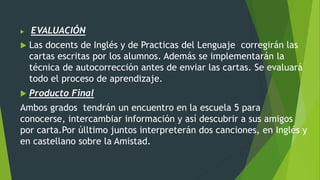  EVALUACIÓN
 Las docents de Inglés y de Practicas del Lenguaje corregirán las
cartas escritas por los alumnos. Además se implementarán la
técnica de autocorrección antes de enviar las cartas. Se evaluará
todo el proceso de aprendizaje.
 Producto Final
Ambos grados tendrán un encuentro en la escuela 5 para
conocerse, intercambiar información y así descubrir a sus amigos
por carta.Por úlltimo juntos interpreterán dos canciones, en Inglés y
en castellano sobre la Amistad.
 