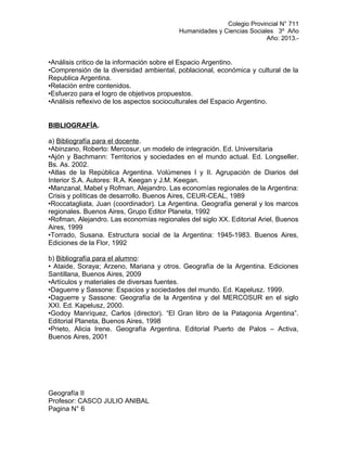 Colegio Provincial N° 711
Humanidades y Ciencias Sociales 3º Año
Año: 2013.-
•Análisis critico de la información sobre el Espacio Argentino.
•Comprensión de la diversidad ambiental, poblacional, económica y cultural de la
Republica Argentina.
•Relación entre contenidos.
•Esfuerzo para el logro de objetivos propuestos.
•Análisis reflexivo de los aspectos socioculturales del Espacio Argentino.
BIBLIOGRAFÍA.
a) Bibliografía para el docente.
•Abinzano, Roberto: Mercosur, un modelo de integración. Ed. Universitaria
•Ajón y Bachmann: Territorios y sociedades en el mundo actual. Ed. Longseller.
Bs. As. 2002.
•Atlas de la República Argentina. Volúmenes I y II. Agrupación de Diarios del
Interior S.A. Autores: R.A. Keegan y J.M. Keegan.
•Manzanal, Mabel y Rofman, Alejandro. Las economías regionales de la Argentina:
Crisis y políticas de desarrollo. Buenos Aires, CEUR-CEAL, 1989
•Roccatagliata, Juan (coordinador). La Argentina. Geografía general y los marcos
regionales. Buenos Aires, Grupo Editor Planeta, 1992
•Rofman, Alejandro. Las economías regionales del siglo XX. Editorial Ariel, Buenos
Aires, 1999
•Torrado, Susana. Estructura social de la Argentina: 1945-1983. Buenos Aires,
Ediciones de la Flor, 1992
b) Bibliografía para el alumno:
• Ataide, Soraya; Arzeno, Mariana y otros. Geografía de la Argentina. Ediciones
Santillana, Buenos Aires, 2009
•Artículos y materiales de diversas fuentes.
•Daguerre y Sassone: Espacios y sociedades del mundo. Ed. Kapelusz. 1999.
•Daguerre y Sassone: Geografía de la Argentina y del MERCOSUR en el siglo
XXI. Ed. Kapelusz, 2000.
•Godoy Manríquez, Carlos (director). “El Gran libro de la Patagonia Argentina”.
Editorial Planeta, Buenos Aires, 1998
•Prieto, Alicia Irene. Geografía Argentina. Editorial Puerto de Palos – Activa,
Buenos Aires, 2001
Geografía II
Profesor: CASCO JULIO ANIBAL
Pagina N° 6
 