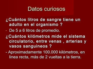 DDaattooss ccuurriioossooss 
¿CCuuáánnttooss lliittrrooss ddee ssaannggrree ttiieennee uunn 
aadduullttoo eenn eell oorrggaanniissmmoo ?? 
- DDee 55 aa 66 lliittrrooss ddee pprroommeeddiioo.. 
¿CCuuáánnttooss kkiillóómmeettrrooss mmiiddee eell ssiisstteemmaa 
cciirrccuullaattoorriioo,, eennttrree vveennaass ,, aarrtteerriiaass yy 
vvaassooss ssaanngguuiinneeooss ?? 
-- AApprrooxxiimmaaddaammeennttee 110000..000000 kkiillóómmeettrrooss,, eenn 
lliinneeaa rreeccttaa,, mmááss ddee 22 vvuueellttaass aa llaa ttiieerrrraa.. 
 