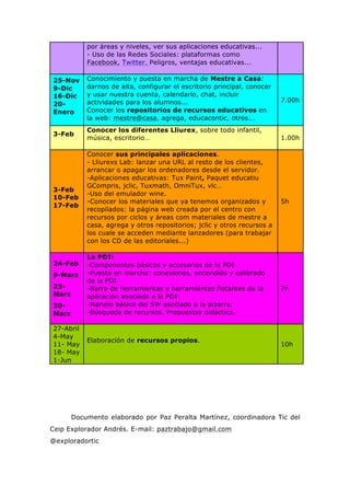 por áreas y niveles, ver sus aplicaciones educativas...
- Uso de las Redes Sociales: plataformas como
Facebook, Twitter. Peligros, ventajas educativas...
25-Nov
9-Dic
16-Dic
20-
Enero
Conocimiento y puesta en marcha de Mestre a Casa:
darnos de alta, configurar el escritorio principal, conocer
y usar nuestra cuenta, calendario, chat, incluir
actividades para los alumnos...
Conocer los repositorios de recursos educativos en
la web: mestre@casa, agrega, educacontic, otros...
7.00h
3-Feb
Conocer los diferentes Lliurex, sobre todo infantil,
música, escritorio… 1.00h
3-Feb
10-Feb
17-Feb
Conocer sus principales aplicaciones.
- Lliurexs Lab: lanzar una URL al resto de los clientes,
arrancar o apagar los ordenadores desde el servidor.
-Aplicaciones educativas: Tux Paint, Paquet educatiu
GCompris, jclic, Tuxmath, OmniTux, vlc…
-Uso del emulador wine.
-Conocer los materiales que ya tenemos organizados y
recopilados: la página web creada por el centro con
recursos por ciclos y áreas com materiales de mestre a
casa, agrega y otros repositorios; jclic y otros recursos a
los cuale se acceden mediante lanzadores (para trabajar
con los CD de las editoriales...)
5h
24-Feb
9-Marz
23-
Marz
30-
Marz
La PDI:
-Componentes básicos y accesorios de la PDI.
-Puesta en marcha: conexiones, encendido y calibrado
de la PDI
-Barra de herramientas y herramientas flotantes de la
aplicación asociada a la PDI:
-Manejo básico del SW asociado a la pizarra.
-Búsqueda de recursos. Propuestas didáctica.
7h
27-Abril
4-May
11- May
18- May
1-Jun
Elaboración de recursos propios.
10h
Documento elaborado por Paz Peralta Martínez, coordinadora Tic del
Ceip Explorador Andrés. E-mail: paztrabajo@gmail.com
@exploradortic
 
