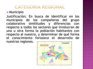  Municipio
Justificación; En busca de identificar en los
municipios de los compañeros del grupo
colaborativo similitudes y diferencias con
respecto a todos los sectores que involucran de
una u otra forma la población habitantes con
respecto al nuestro, y determinar de qué forma
el conocimiento fortalece el desarrollo de
nuestras regiones.
 