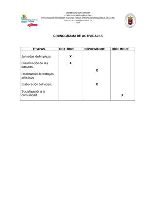 UNIVERSIDAD DE PAMPLONA
                                      COMPUTADORES PARA EDUCAR
               ESTRATEGIA DE FORMACIÓN Y ACCESO PARA LA APROPIACIÓN PEDAGÓGICA DE LAS TIC
                                     PROYECTO PEDAGÓGICO CON TIC
                                                 2012




                          CRONOGRAMA DE ACTIVIDADES



        ETAPAS                  OCTUBRE                   NOVIEMBBRE                  DICIEMBRE

Jornadas de limpieza.                      X

Clasificación de las                       X
basuras.
                                                                     X
Realización de trabajos
artísticos

Elaboración del video.                                               X

Socialización a la
comunidad                                                                                   X
 