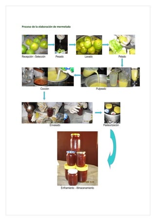 Proceso de la elaboración de mermelada




Recepción - Selección         Pesado                     Lavado                        Pelado




                Cocción                                              Pulpeado




                          Envasado                                        Pasteurización




                                     Enfriamiento - Almacenamiento
 