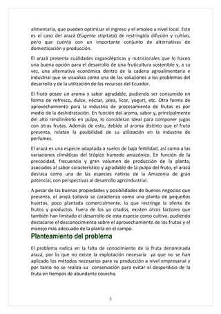 alimentaria, que pueden optimizar el ingreso y el empleo a nivel local. Este
es el caso del arazá (Eugenia stipitata) de restringida difusión y cultivo,
pero que cuenta con un importante conjunto de alternativas de
domesticación y producción.
El arazá presenta cualidades organolépticas y nutricionales que lo hacen
una buena opción para el desarrollo de una fruticultura sostenible y, a su
vez, una alternativa económica dentro de la cadena agroalimentaria e
industrial que se visualiza como una de las soluciones a los problemas del
desarrollo y de la utilización de los recursos del Ecuador.
El fruto posee un aroma y sabor agradable, pudiendo ser consumido en
forma de refresco, dulce, néctar, jalea, licor, yogurt, etc. Otra forma de
aprovechamiento para la industria de procesamiento de frutas es por
medio de la deshidratación. En función del aroma, sabor y, principalmente
del alto rendimiento en pulpa, lo consideran ideal para componer jugos
con otras frutas. Además de esto, debido al aroma distinto que el fruto
presenta, relatan la posibilidad de su utilización en la industria de
perfumes.
El arazá es una especie adaptada a suelos de baja fertilidad, así como a las
variaciones climáticas del trópico húmedo amazónico. En función de la
precocidad, frecuencia y gran volumen de producción de la planta,
asociados al sabor característico y agradable de la pulpa del fruto, el arazá
destaca como una de las especies nativas de la Amazonia de gran
potencial, con perspectivas al desarrollo agroindustrial.
A pesar de las buenas propiedades y posibilidades de buenos negocios que
presenta, el arazá todavía se caracteriza como una planta de pequeños
huertos, poco plantada comercialmente, lo que restringe la oferta de
frutos y productos. Fuera de los ya citados, existen otros factores que
también han limitado el desarrollo de esta especie como cultivo, pudiendo
destacarse el desconocimiento sobre el aprovechamiento de los frutos y el
manejo más adecuado de la planta en el campo.
Planteamiento del problema
El problema radica en la falta de conocimiento de la fruta denominada
arazá, por lo que no existe la explotación necesaria ya que no se han
aplicado los métodos necesarios para su producción a nivel empresarial y
por tanto no se realiza su conservación para evitar el desperdicio de la
fruta en tiempos de abundante cosecha.



                                     3
 