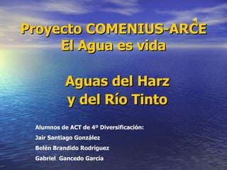 Proyecto COMENIUS-ARCE El Agua es vida Aguas del Harz y del Río Tinto Alumnos de ACT de 4º Diversificación: Jair Santiago González Belén Brandido Rodríguez Gabriel  Gancedo García   