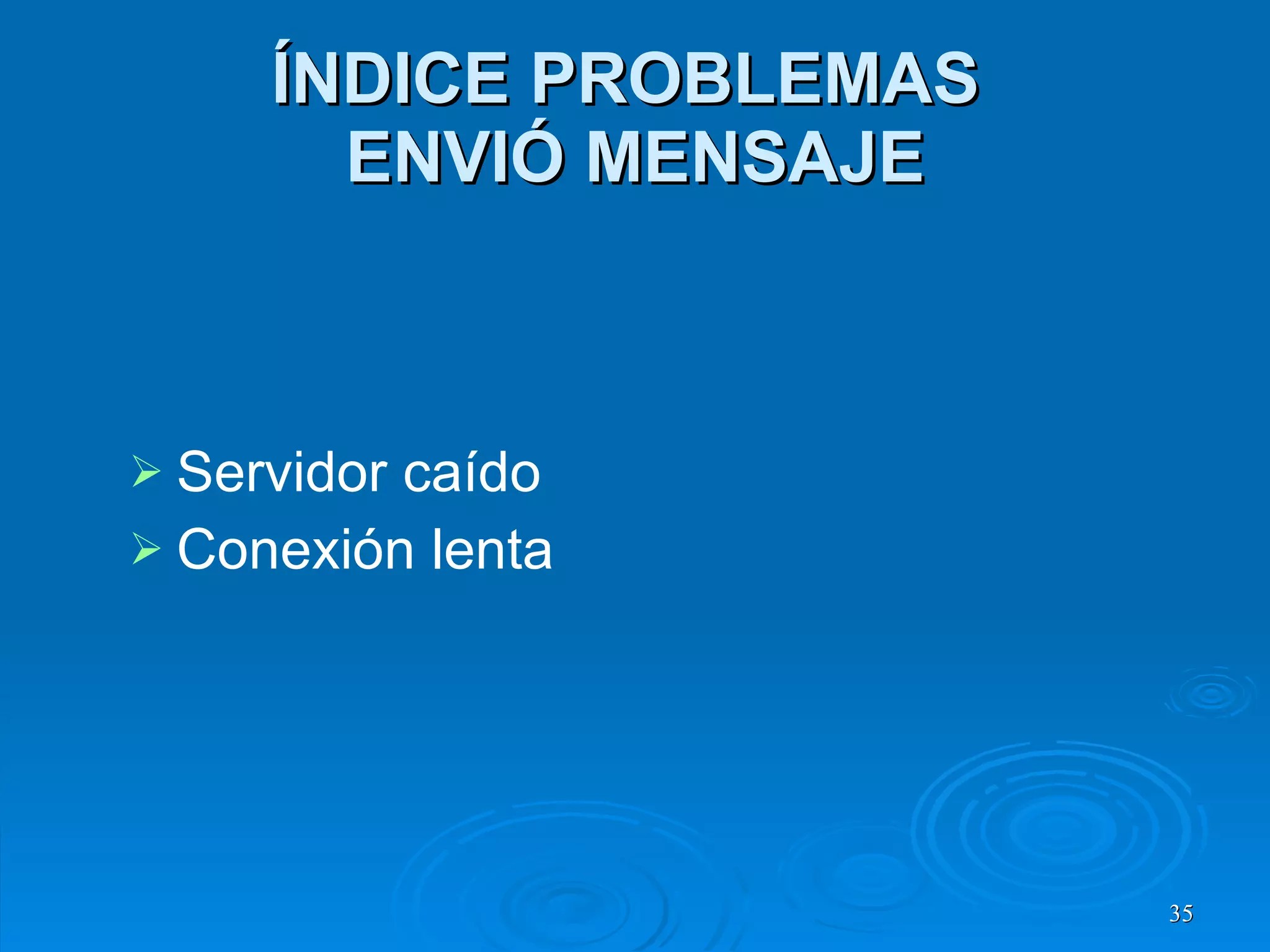 ÍNDICE PROBLEMAS  ENVIÓ MENSAJE Servidor caído Conexión lenta 