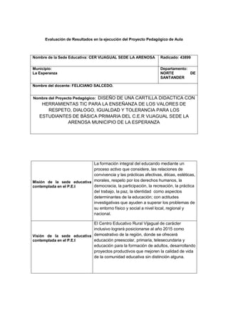 Evaluación de Resultados en la ejecución del Proyecto Pedagógico de Aula

Nombre de la Sede Educativa: CER VIJAGUAL SEDE LA ARENOSA

Radicado: 43899

Municipio:
La Esperanza

Departamento:
NORTE
DE
SANTANDER

Nombre del docente: FELICIANO SALCEDO.
Nombre del Proyecto Pedagógico: DISEÑO DE UNA CARTILLA DIDACTICA CON

HERRAMIENTAS TIC PARA LA ENSEÑANZA DE LOS VALORES DE
RESPETO, DIALOGO, IGUALDAD Y TOLERANCIA PARA LOS
ESTUDIANTES DE BÁSICA PRIMARIA DEL C.E.R VIJAGUAL SEDE LA
ARENOSA MUNICIPIO DE LA ESPERANZA

La formación integral del educando mediante un
proceso activo que considere, las relaciones de
convivencia y las prácticas afectivas, éticas, estéticas,
Misión de la sede educativa morales, respeto por los derechos humanos, la
democracia, la participación, la recreación, la práctica
contemplada en el P.E.I
del trabajo, la paz, la identidad como aspectos
determinantes de la educación; con actitudes
investigativas que ayuden a superar los problemas de
su entorno físico y social a nivel local, regional y
nacional.
El Centro Educativo Rural Vijagual de carácter
inclusivo logrará posicionarse al año 2015 como
Visión de la sede educativa demostrativo de la región, donde se ofrecerá
educación preescolar, primaria, telesecundaria y
contemplada en el P.E.I
educación para la formación de adultos, desarrollando
proyectos productivos que mejoren la calidad de vida
de la comunidad educativa sin distinción alguna.

 