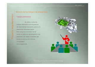 TICI                                                                                                               ARQ.-UNIACC
                                                                           2010


 Proyecto arquitectónico   Alcance de los trabajos de arquitectura
                           Trabajos preliminares

                                           Se refiere a todos los
                           trabajos destinados a la recopilación
                           de antecedentes necesarios, previo a la
                           elaboración del anteproyecto.
                           Esto incluye las reuniones con el
                           cliente, la definición del programa y sus
                           relaciones, las visitas y el análisis del
                           terreno, la solicitud de informes
                           municipales u
                           otros organismos.




                                                        Profesores: Juan Luis Ramírez/Alfredo Patricio Iturriaga
                                                                        Alumna/ Pamela Otarola
 