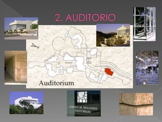 INSTITUTO DE INFORMACIONFrente a éste se ubica el Instituto de Conservación, Educación y Becas, cuya forma en L se halla colocada sobre un terraza semicircular con formidables vistas hacia Beverly Hills. En la esquina noreste del se ubica una biblioteca de forma cilíndrica, mientras que hacia el oeste el edificio define un pequeño espacio público con el auditorio y el Instituto de Información. Destacan la escaleras en forma de tubos cilíndricos.INSTITUTO DE CONSERVACION