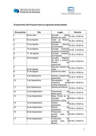 El desarrollo del Proyecto tiene la siguiente temporalidad:


    Encuentros                 Día              Lugar               Horario
1                06 de Julio             Escuela        Alicia
                                                               14.30 a 18:00 hs
                                         Moreau de Justo
2                03 de Agosto            Visita al Museo.
                                                               14.30 a 18.00 hs
                                         Exposición
3                10 de Agosto            Escuela.    Técnica
                                                               14.30 a 18.00 hs
                                         de animación
4                12 de Agosto            Escuela. Creación
                                                               14.30 a 18.00 hs
                                         de guión y maqueta
5                17 de Agosto            Escuela. Creación
                                                               14.30 a 18:00 hs
                                         de maqueta
6                19 de Agosto            Escuela. Registro
                                         de fotos y edición.
                                                               14.30 a 18:00 hs
                                         Diseño            de
                                         exposición
7                                        Escuela. Edición de
                                                               14.30 a 18:00 hs
                 24 de Agosto            video.
8                31 de Agosto            Edición de video
                                                               14.30 a 18:00 hs
9                2 de Septiembre         Edición y Diseño de
                                                              14.30 a 18:00 hs
                                         exposición
10               7 de Septiembre         Recopilación      de
                                         proyectos       para16:00 a 18:00 hs
                                         evaluar ediciones
11               9 de Septiembre         Ajustes de Edición
                                                              15:00 a 18:00 hs
12               13 de Septiembre        Preparación        de
                                                               15:00 a 19:00 hs
                                         Mesa panel
13               14 de Septiembre        Mesa Panel en la
                                         Facultad           de10:00 a 13:00 hs
                                         Filosofía y Letras
14               16 de Septiembre        Diseño             de
                                                               16:00 a 18:00 hs
                                         exposición
15               23 de Septiembre        Diseño             de
                                                               10:00 a 12:00 hs
                                         exposición
16               28 de Septiembre        Producción         de
                                         puesta     para     el15:00 a 18:00 hs
                                         Museo
17               30 de Septiembre        Producción         de
                                         puesta     para     el15:00 a 18:00 hs
                                         Museo


                                                                              5
 